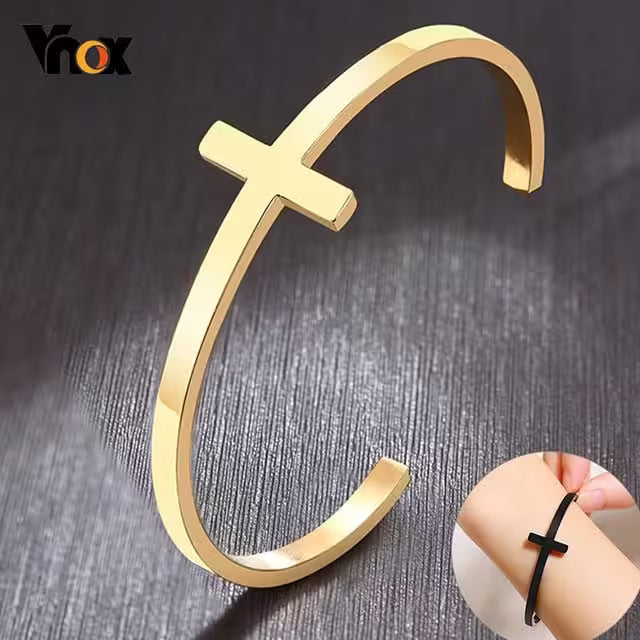 Open Cross Stainless Steel Unisex Cuff Bangle (EGBT325)
