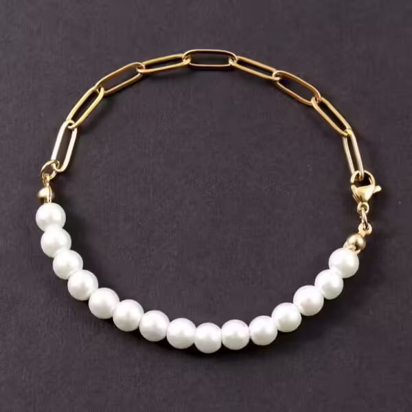 Pearl x Stainless Steel Chain Women Bracelet (EGBT378)