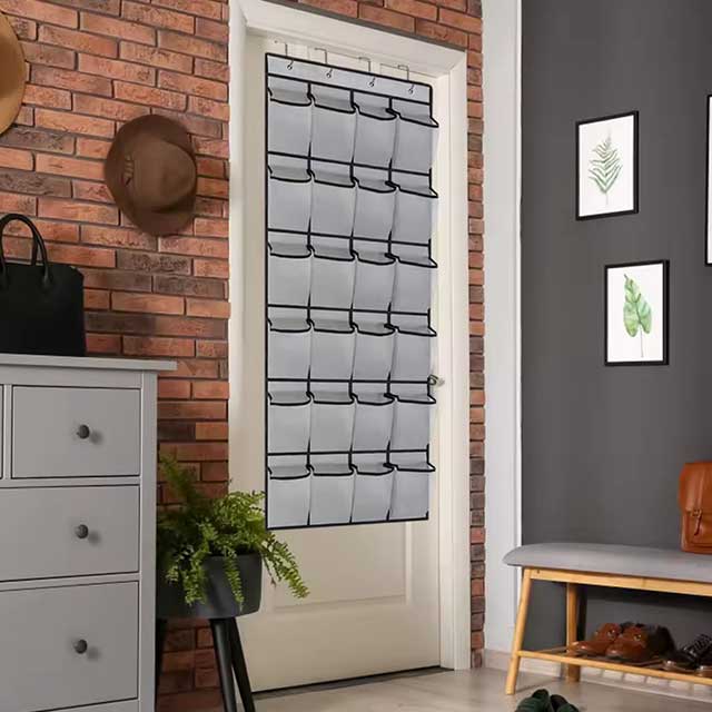 24-Pocket Wall Storage Bag with Clear View Pockets – Hanging Shoe Organizer Rack for Behind Doors with 4 Metal Hooks – Shoe Storage Solution