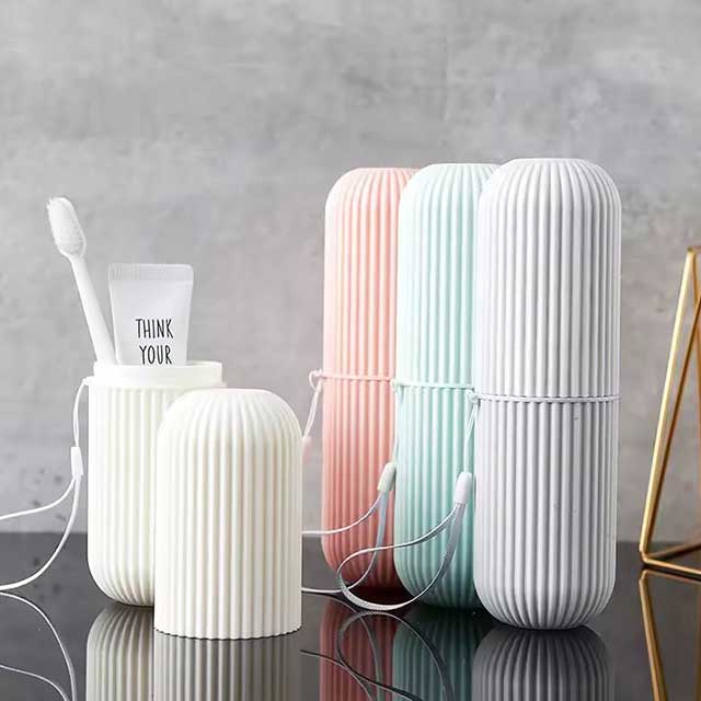Portable Toothbrush and Toothpaste Cup Set – Vertical Stripe Design, Travel-Friendly Toothbrush Holder and Mouthwash Cup
