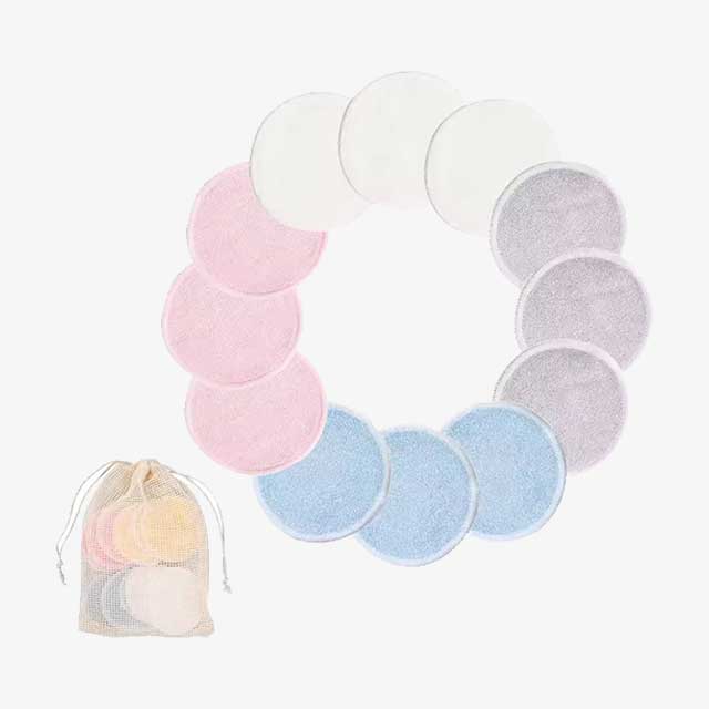 Reusable Bamboo Fiber Makeup Remover Pads - 12pcs Pack, Washable Cleansing Facial Cotton Rounds for Makeup Removal