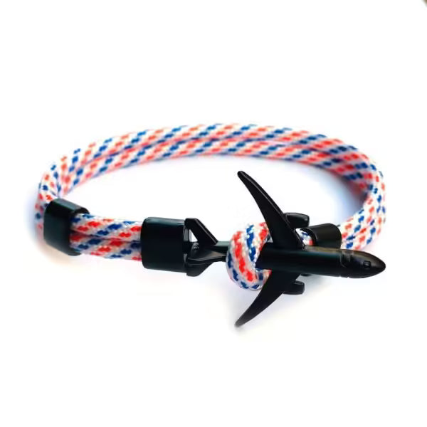 Bracelet unisexe en corde noire avec ancre d'avion (EGBT349)