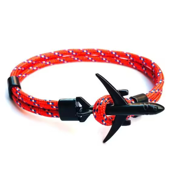 Bracelet unisexe en corde noire avec ancre d'avion (EGBT349)