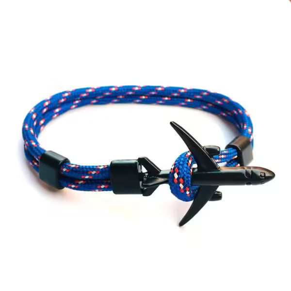 Bracelet unisexe en corde noire avec ancre d'avion (EGBT349)