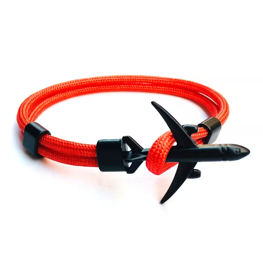 Bracelet unisexe en corde noire avec ancre d'avion (EGBT349)