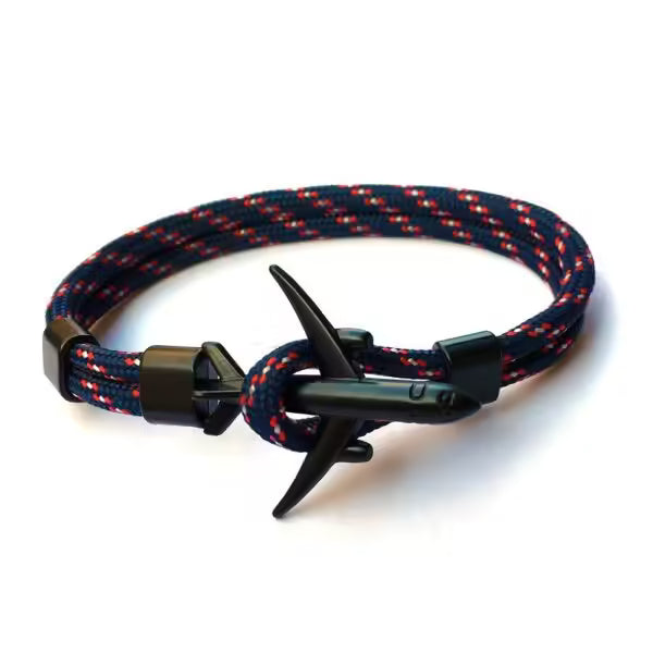 Bracelet unisexe en corde noire avec ancre d'avion (EGBT349)