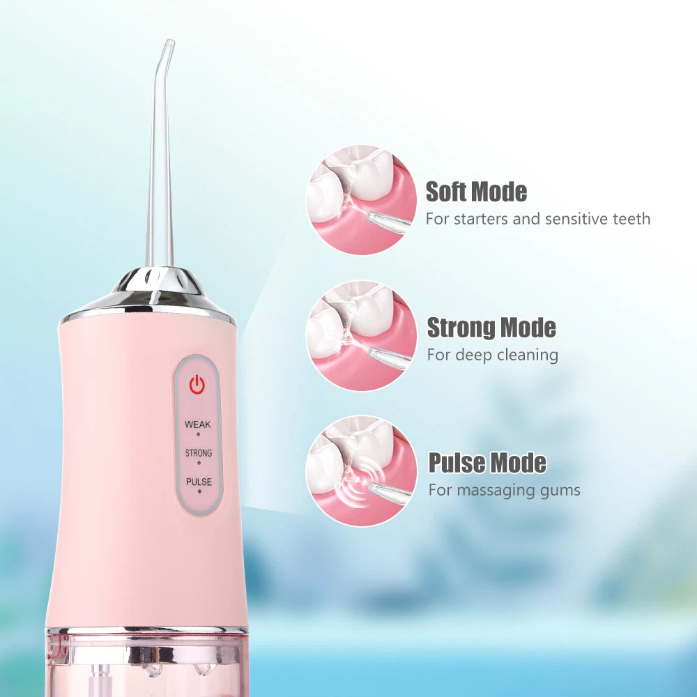 Portable Smart Electric Water Flosser – Rechargeable Oral Irrigator with 3 Deep-Clean Modes & 4 Interchangeable Jet Tips – IPX7 Waterproof Dental Water Jet Teeth Cleaner (White / Pink / Green)