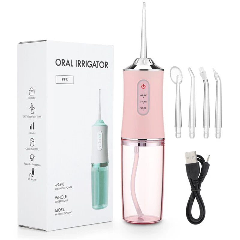 Portable Smart Electric Water Flosser – Rechargeable Oral Irrigator with 3 Deep-Clean Modes & 4 Interchangeable Jet Tips – IPX7 Waterproof Dental Water Jet Teeth Cleaner (White / Pink / Green)