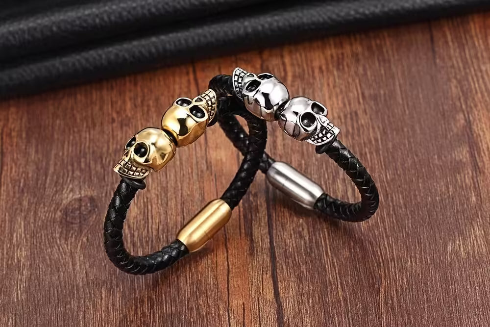 Skull Head Leather Men Bracelet (EGBT118)