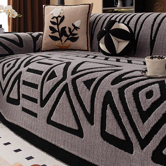 Bohemian Vintage Sofa Protector – Luxurious Interlaced Sofa Blanket – Anti-Slip Pet-Friendly Couch Cover (Dark Gray/White/Light Gray)