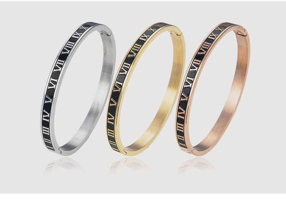 Stainless Steel Metal Roman Numbers 6mm & 8mm Width Bangle (EGBT355)