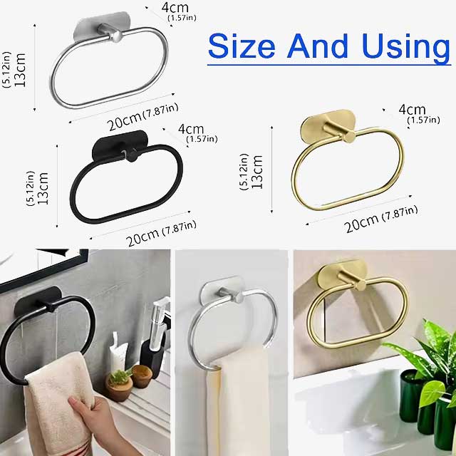 Stainless Steel Towel Holder - Self-Adhesive Bathroom Towel Rack, Black Washhand Hanger Ring Bar for Kitchen & Bathroom Storage