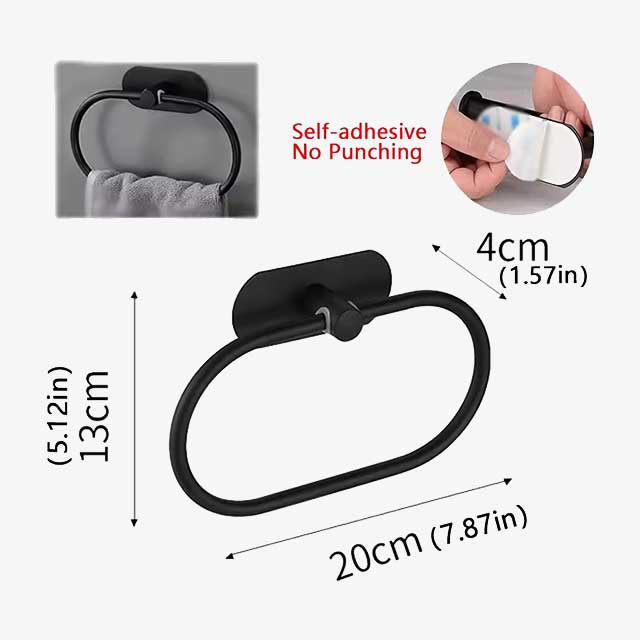 Stainless Steel Towel Holder - Self-Adhesive Bathroom Towel Rack, Black Washhand Hanger Ring Bar for Kitchen & Bathroom Storage