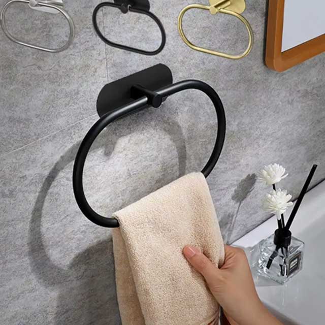 Stainless Steel Towel Holder - Self-Adhesive Bathroom Towel Rack, Black Washhand Hanger Ring Bar for Kitchen & Bathroom Storage