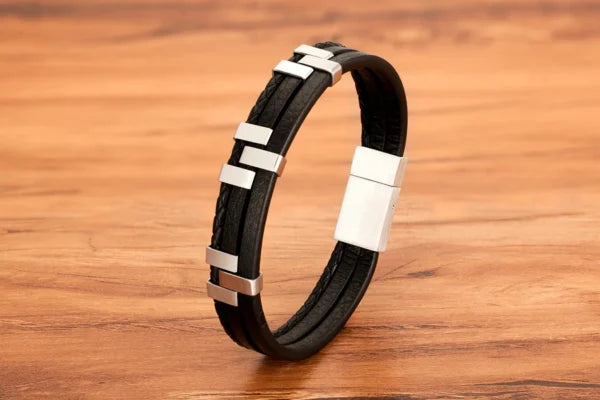 three layer stitching stainless steel mens leather bracelet egbt070 gallery img 1