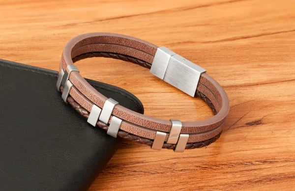 three layer stitching stainless steel mens leather bracelet egbt070 gallery img 4
