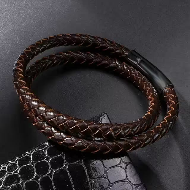 Two Layers Brown Leather Bracelet (EGBT140)