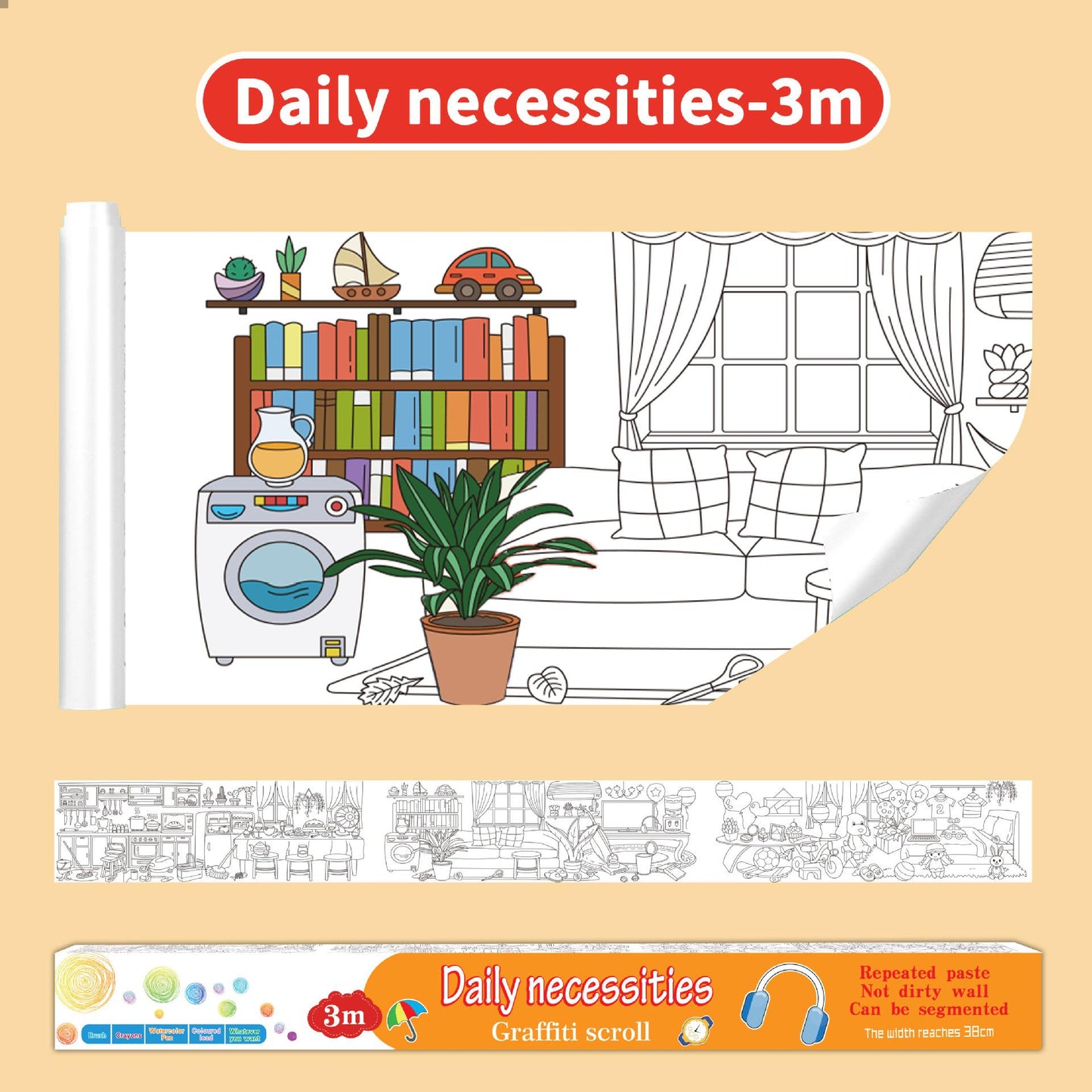 Rouleau de 3 mètres de papier autocollant à colorier pour enfants (300 cm x 38 cm) sur différents thèmes