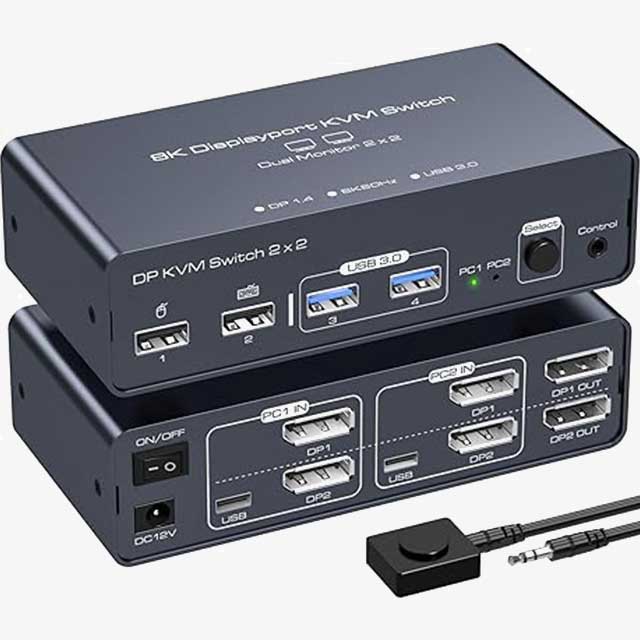 VEDINDUST 2x DisplayPort KVM Switch 2 PCs, 2 Monitors, 4K 120Hz & 8K 60Hz, Aluminium DP 1.4 Dual Monitor Sharing, 4 USB Devices Support (USB-C Does Not Support Video Transfer)