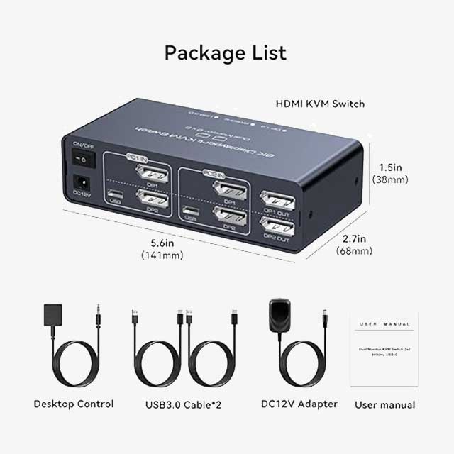 VEDINDUST 2x DisplayPort KVM Switch 2 PCs, 2 Monitors, 4K 120Hz & 8K 60Hz, Aluminium DP 1.4 Dual Monitor Sharing, 4 USB Devices Support (USB-C Does Not Support Video Transfer)