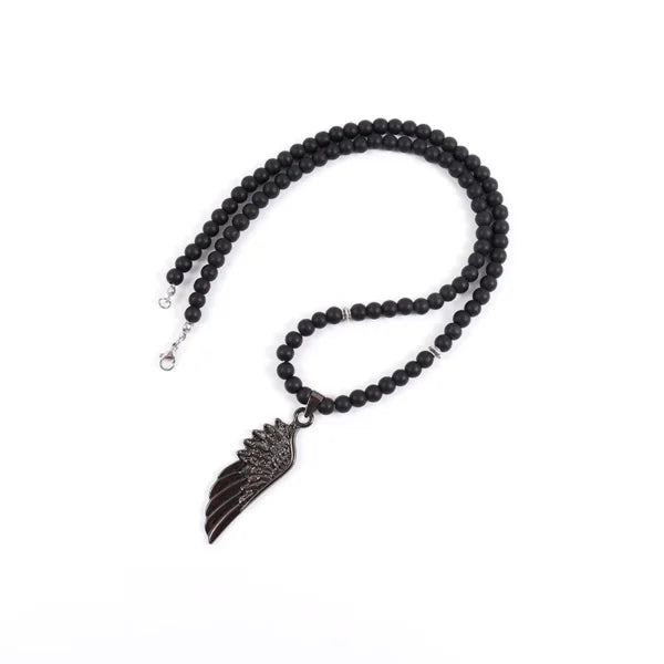 Vintage Feather Pendant 6mm Lava Stone Bead Necklace For Men(EGN141)