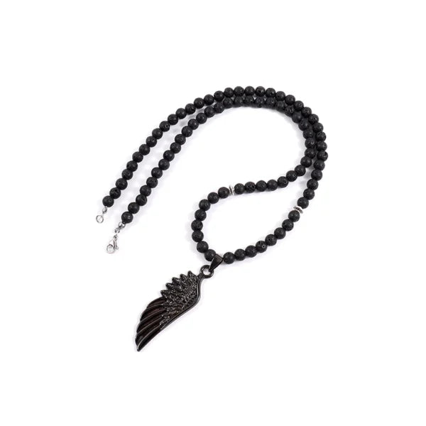 Vintage Feather Pendant 6mm Lava Stone Bead Necklace For Men(EGN141)