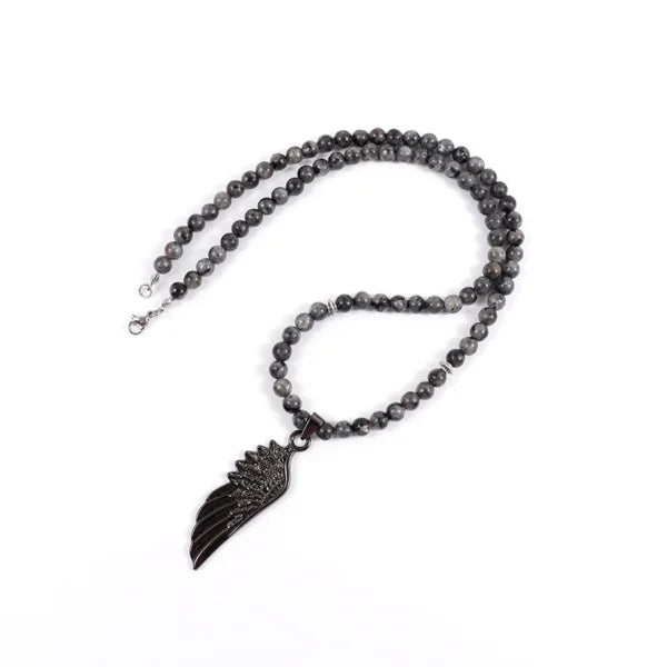 Vintage Feather Pendant 6mm Lava Stone Bead Necklace For Men(EGN141)