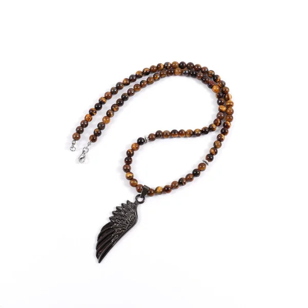 Vintage Feather Pendant 6mm Lava Stone Bead Necklace For Men(EGN141)