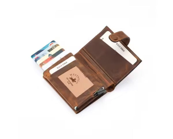 Westpolo Robin Genuine Tumbled Leather Unisex Vintage Mechanism Wallet (5790)