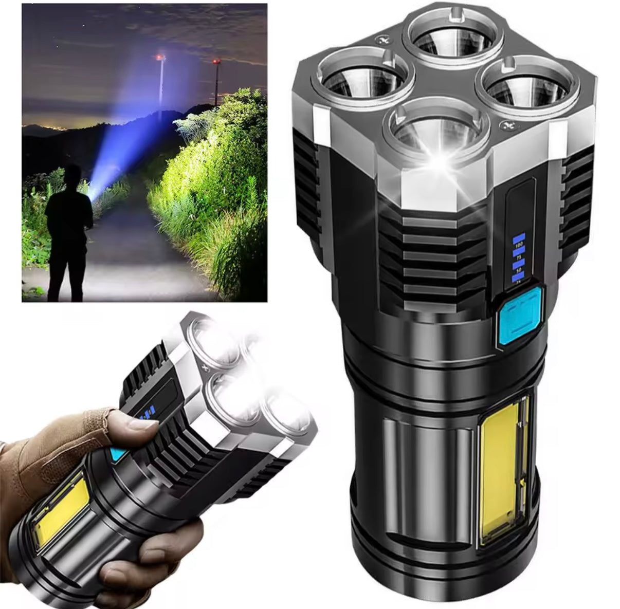 Lampe torche LED rechargeable haute puissance – Lampe torche de camping à 7 LED avec éclairage latéral COB, légère et durable pour une utilisation en extérieur 