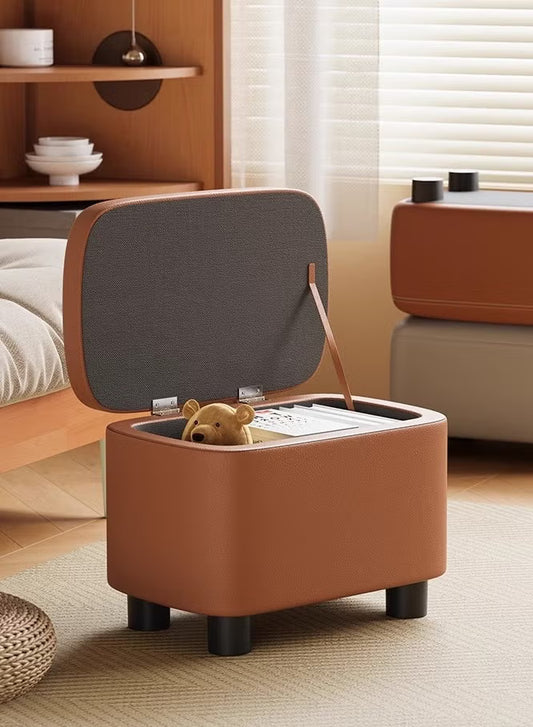 Modern Minimalist Storage Ottoman – Small Entryway Shoe-Changing Stool – Round Sofa Footrest & Bedroom Storage Chest (Orange/Gray)