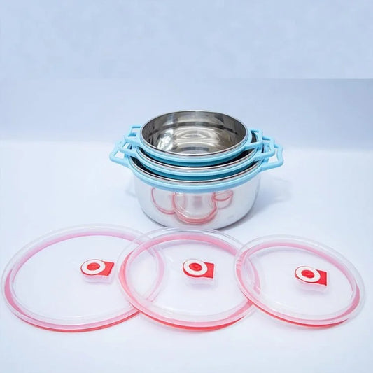 3-Piece Stainless Steel Food Storage Bowl Set with Airtight Lids – Multipurpose Kitchen Mixing, Serving & Storage Containers