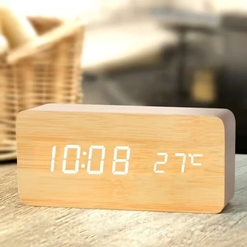 Réveil numérique en bois avec affichage LED – Horloge de bureau avec température pour le bureau et la table de chevet