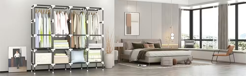 Organize with Ease: LEEGOHOME 64in/80in Fabric Wardrobe Closet with Storage Shelves & Hanging Rods