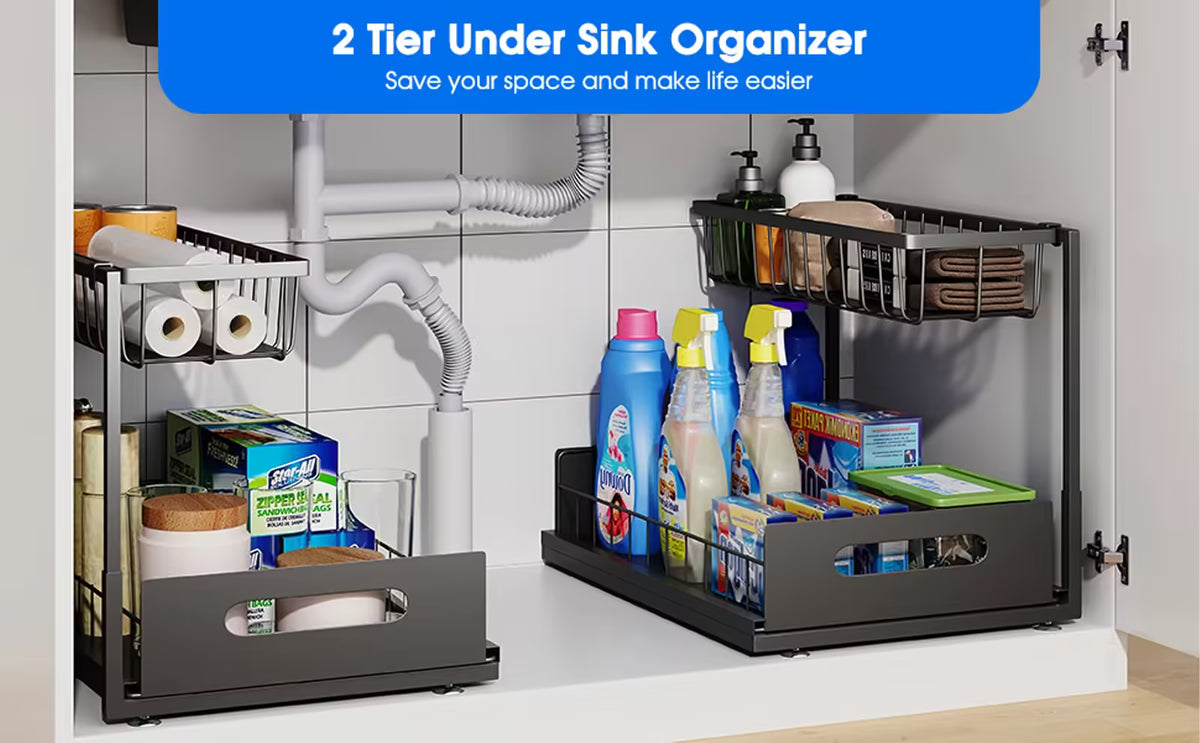2-Tier Sliding Under Sink Cabinet Organizer – Multi-Purpose Pull-Out Basket for Bathroom & Kitchen Storage