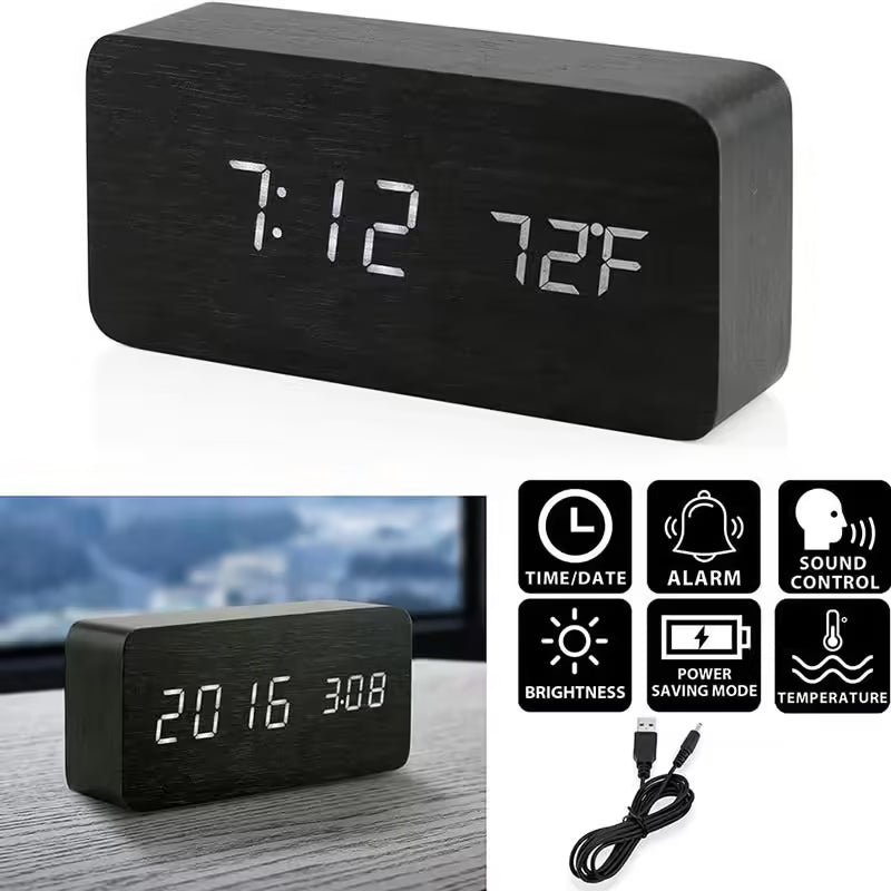 Réveil numérique en bois avec affichage LED – Horloge de bureau avec température pour le bureau et la table de chevet