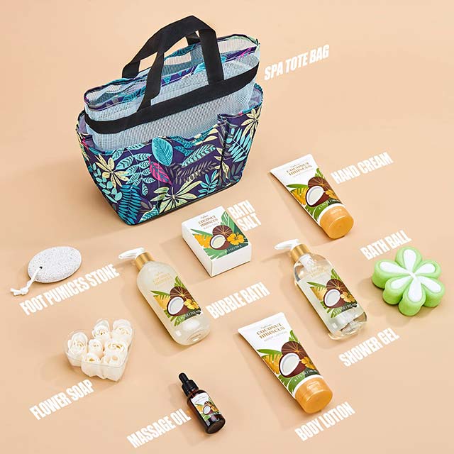 10-Piece Coconut Spa &amp; Bath Set for Women – Pamper Gift Kit for Mum with Bath Salt, Massage Oil, Bubble Bath, Body Lotion &amp; Tote Bag – Ideal Valentine's, Eid, &amp; Birthday Beauty Gift