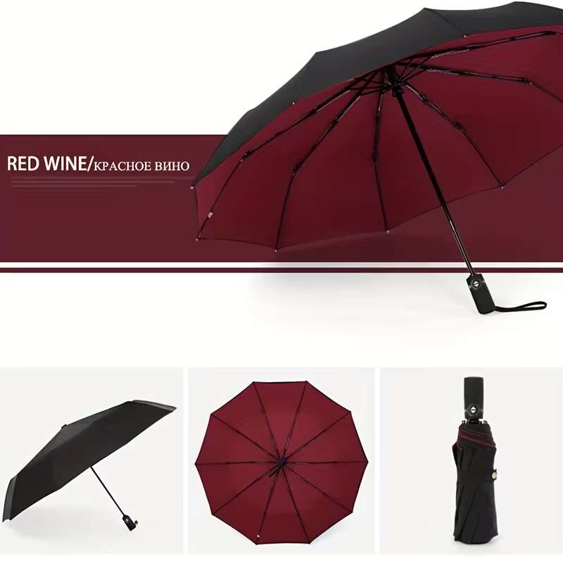 10-Rib Automatic Open Umbrella – Heavy-Duty Windproof Double-Layer Canopy – Compact Travel Umbrella for Business, Commuting & Travel – Professional Sun & Rain Protection (Black / Wine Red / Purple / Red / Navy Blue)