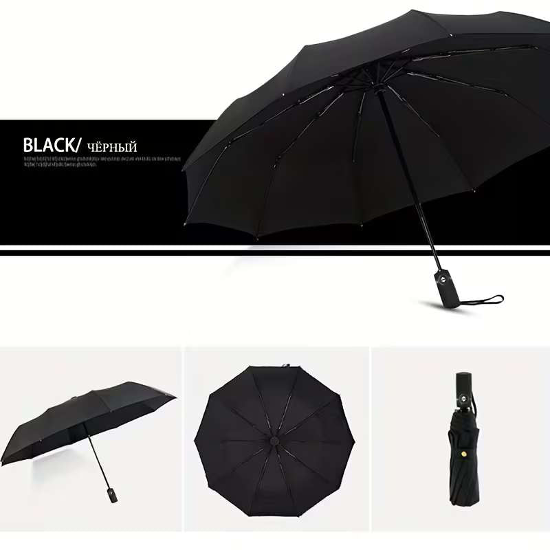 10-Rib Automatic Open Umbrella – Heavy-Duty Windproof Double-Layer Canopy – Compact Travel Umbrella for Business, Commuting & Travel – Professional Sun & Rain Protection (Black / Wine Red / Purple / Red / Navy Blue)
