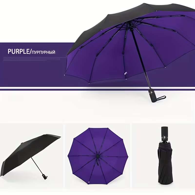 10-Rib Automatic Open Umbrella – Heavy-Duty Windproof Double-Layer Canopy – Compact Travel Umbrella for Business, Commuting & Travel – Professional Sun & Rain Protection (Black / Wine Red / Purple / Red / Navy Blue)