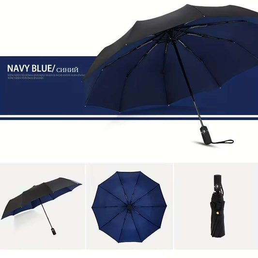 10-Rib Automatic Open Umbrella – Heavy-Duty Windproof Double-Layer Canopy – Compact Travel Umbrella for Business, Commuting & Travel – Professional Sun & Rain Protection (Black / Wine Red / Purple / Red / Navy Blue)