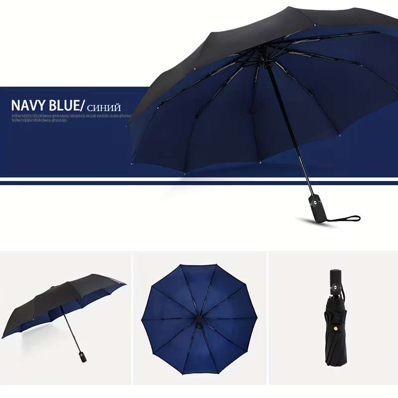 10-Rib Automatic Open Umbrella – Heavy-Duty Windproof Double-Layer Canopy – Compact Travel Umbrella for Business, Commuting & Travel – Professional Sun & Rain Protection (Black / Wine Red / Purple / Red / Navy Blue)