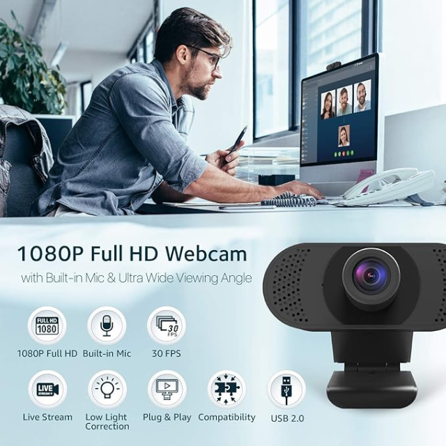 Webcam HD 1080p avec microphone – Caméra USB Plug &amp; Play avec correction automatique de la lumière et objectif grand angle pour PC/Mac, Zoom, streaming et appels vidéo