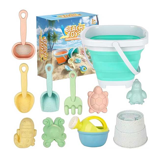 11Pcs Kids Beach Toy Set – Sand Toys with Collapsible Bucket, Shovel & Molds in Gift Package for Summer Fun