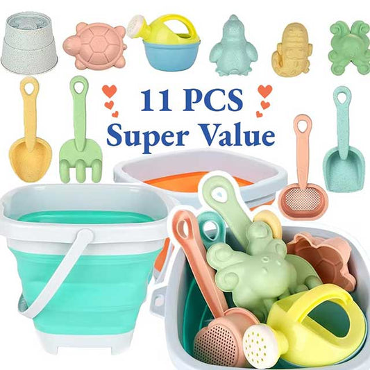 11Pcs Kids Beach Toy Set – Sand Toys with Collapsible Bucket, Shovel & Molds in Gift Package for Summer Fun