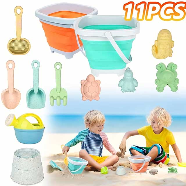 11Pcs Kids Beach Toy Set – Sand Toys with Collapsible Bucket, Shovel & Molds in Gift Package for Summer Fun