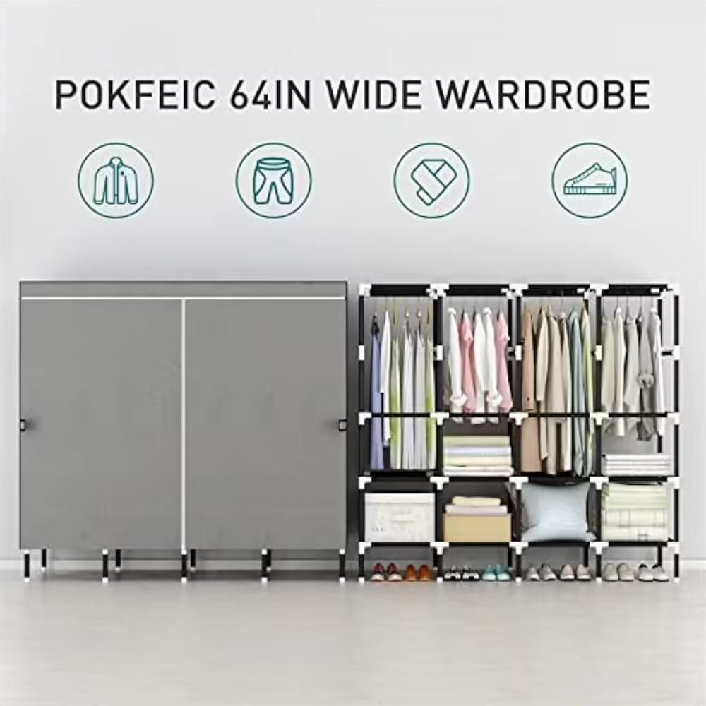 Organize with Ease: LEEGOHOME 64in/80in Fabric Wardrobe Closet with Storage Shelves & Hanging Rods