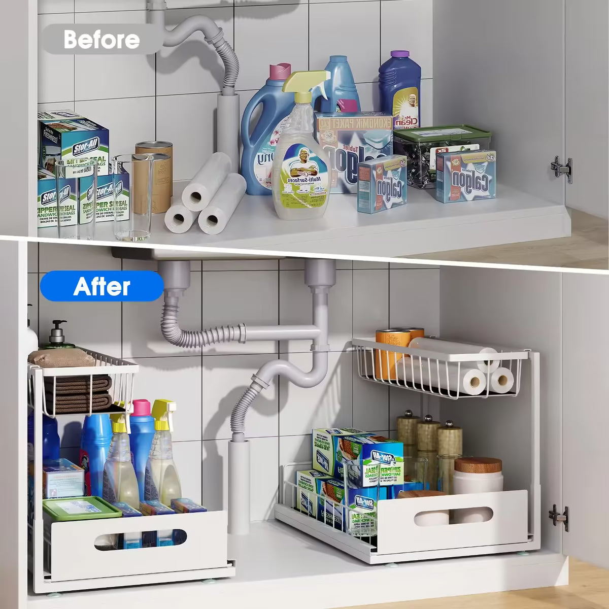 Organisateur de placard sous évier à 2 niveaux coulissant – Panier coulissant multifonctionnel pour le rangement de la salle de bain et de la cuisine