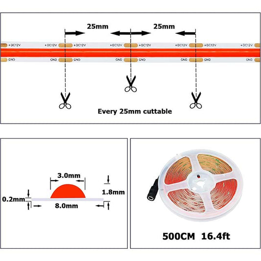 12V Red COB LED Strip Light 16.4ft – Bright, Dotless, High-Density 480LEDs/M, Self-Adhesive &amp; Flexible Cuttable Indoor LED Tape for Cabinets &amp; DIY Lighting Projects