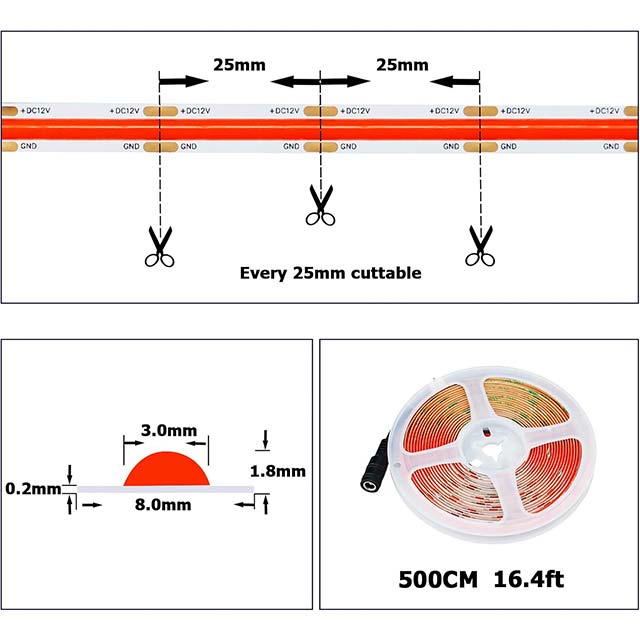 12V Red COB LED Strip Light 16.4ft – Bright, Dotless, High-Density 480LEDs/M, Self-Adhesive &amp; Flexible Cuttable Indoor LED Tape for Cabinets &amp; DIY Lighting Projects